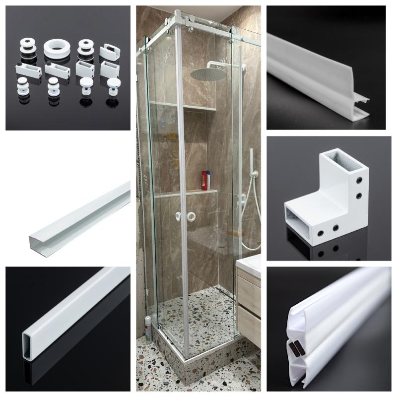 Полный комплект премиальной фурнитуры для раздвижной белоснежной угловой душевой системы (без стекла).