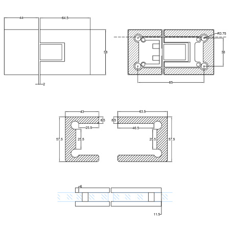 Петля стекло-стекло с  крышками, бронза, латунь H5403-BRZ/brass